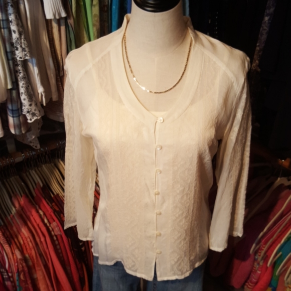 J.JILL ♡ Vintage Elegant Sheer Ivory Intricate Detailed Embroidery Blouse XS - Picture 11 of 17